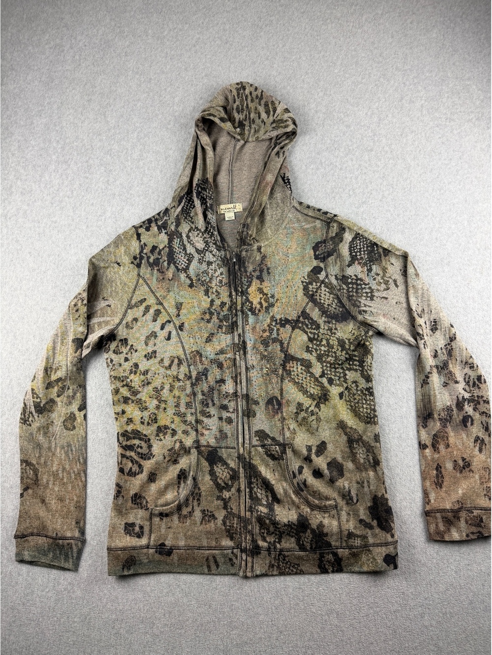 One World Live Let Live Womens L Animal Print Zip Hoodie Y2K Boho Rhinestone